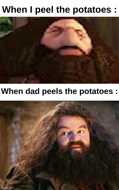 Srsly why are dads so good at peeling potatoes? | When I peel the potatoes :; When dad peels the potatoes : | image tagged in memes,funny,relatable,hagrid,ps1 hagrid,front page plz | made w/ Imgflip meme maker