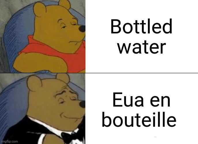 Bottled water spin English vs french | Bottled water; Eua en bouteille | image tagged in memes,tuxedo winnie the pooh | made w/ Imgflip meme maker