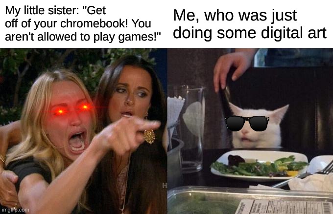 This happens to me almost. EVERY. DAY. | My little sister: "Get off of your chromebook! You aren't allowed to play games!"; Me, who was just doing some digital art | image tagged in memes,woman yelling at cat | made w/ Imgflip meme maker