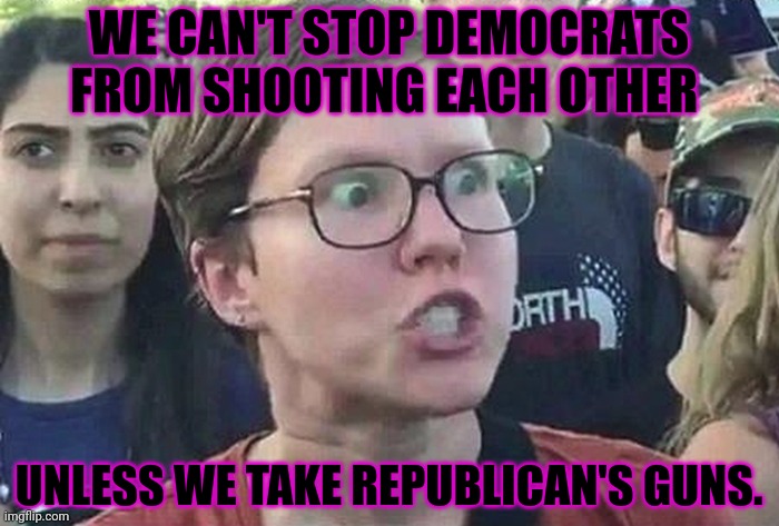 Triggered Liberal | WE CAN'T STOP DEMOCRATS FROM SHOOTING EACH OTHER UNLESS WE TAKE REPUBLICAN'S GUNS. | image tagged in triggered liberal | made w/ Imgflip meme maker
