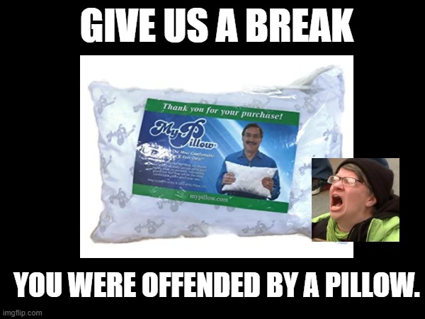 My Pillow | GIVE US A BREAK; YOU WERE OFFENDED BY A PILLOW. | image tagged in outrage | made w/ Imgflip meme maker