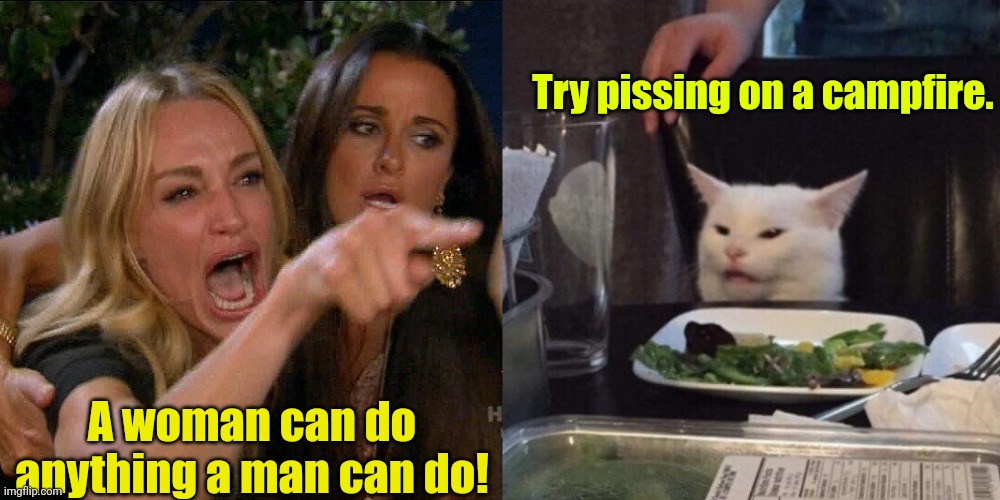 Hot stuff. | Try pissing on a campfire. A woman can do anything a man can do! | image tagged in woman yelling at cat,funny | made w/ Imgflip meme maker
