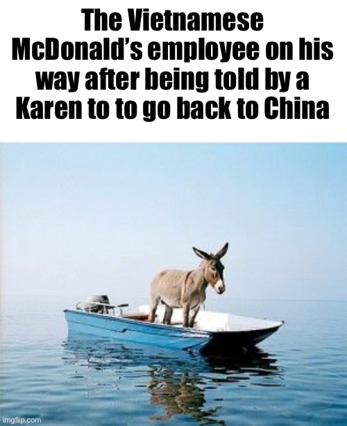 DONKEY ON A BOAT | The Vietnamese McDonald’s employee on his way after being told by a Karen to to go back to China | image tagged in donkey on a boat | made w/ Imgflip meme maker