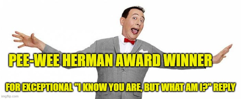 I know you are | PEE-WEE HERMAN AWARD WINNER FOR EXCEPTIONAL "I KNOW YOU ARE, BUT WHAT AM I?" REPLY | image tagged in i know you are | made w/ Imgflip meme maker