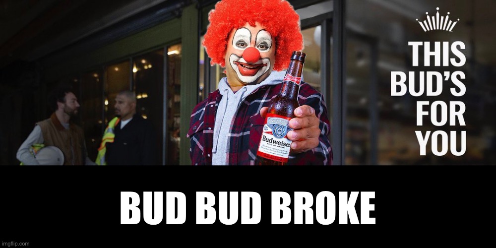 Bud — Woke. Bud — Broke. | BUD BUD BROKE | image tagged in budweiser,bud light,woke,broke | made w/ Imgflip meme maker