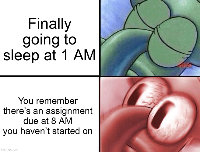 sleeping Squidward | Finally going to sleep at 1 AM; You remember there’s an assignment due at 8 AM you haven’t started on | image tagged in sleeping squidward | made w/ Imgflip meme maker