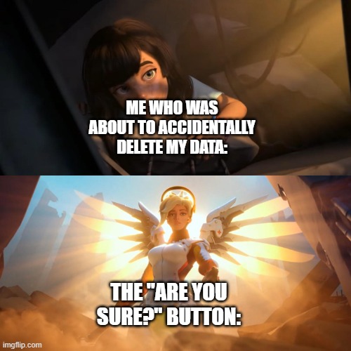 Overwatch Mercy Meme | ME WHO WAS ABOUT TO ACCIDENTALLY DELETE MY DATA: THE "ARE YOU SURE?" BUTTON: | image tagged in overwatch mercy meme | made w/ Imgflip meme maker