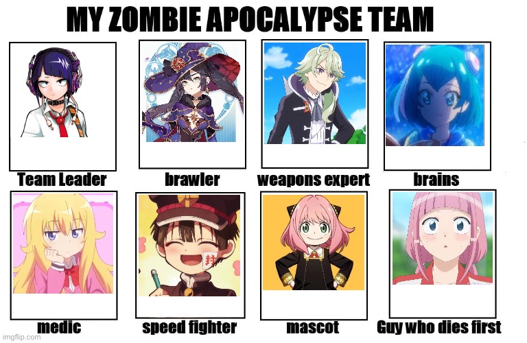 Jiro (MHA), Mona (Genshin), Narcistoru (DeliPuri), Lala (StarTwiPuri), Gabriel (GabDro), Hanako (TBHK), Anya (SPYXFAMILY), and Y | image tagged in my zombie apocalypse team | made w/ Imgflip meme maker