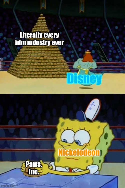 Disney vs. Nick | Literally every film industry ever; Disney; Nickelodeon; Paws, Inc. | image tagged in king neptune vs spongebob,disney,nickelodeon | made w/ Imgflip meme maker