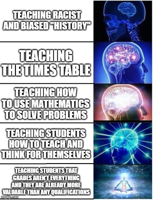 Teach, don't indoctrinate | TEACHING RACIST AND BIASED "HISTORY"; TEACHING THE TIMES TABLE; TEACHING HOW TO USE MATHEMATICS TO SOLVE PROBLEMS; TEACHING STUDENTS HOW TO TEACH AND THINK FOR THEMSELVES; TEACHING STUDENTS THAT GRADES AREN'T EVERYTHING AND THEY ARE ALREADY MORE VALUABLE THAN ANY QUALIFICATIONS | image tagged in expanding brain 5 panel,history,maths,teaching,education,we don't need no brainwash-cation | made w/ Imgflip meme maker