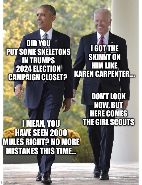 I GOT THE SKINNY ON HIM LIKE KAREN CARPENTER…. DID YOU PUT SOME SKELETONS IN TRUMPS 2024 ELECTION CAMPAIGN CLOSET? DON’T LOOK NOW, BUT HERE COMES THE GIRL SCOUTS; I MEAN, YOU HAVE SEEN 2000 MULES RIGHT? NO MORE MISTAKES THIS TIME… | image tagged in joe biden,barack obama,donald trump,republicans | made w/ Imgflip meme maker