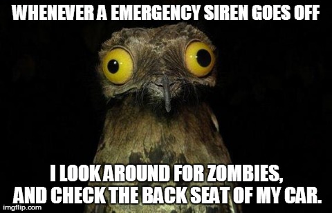 Weird Stuff I Do Potoo | WHENEVER A EMERGENCY SIREN GOES OFF I LOOK AROUND FOR ZOMBIES, AND CHECK THE BACK SEAT OF MY CAR. | image tagged in memes,weird stuff i do potoo | made w/ Imgflip meme maker