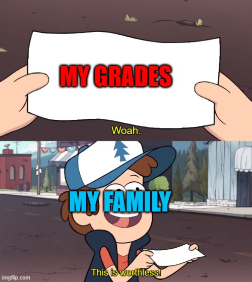Parents getting your report card | MY GRADES; MY FAMILY | image tagged in this is worthless | made w/ Imgflip meme maker