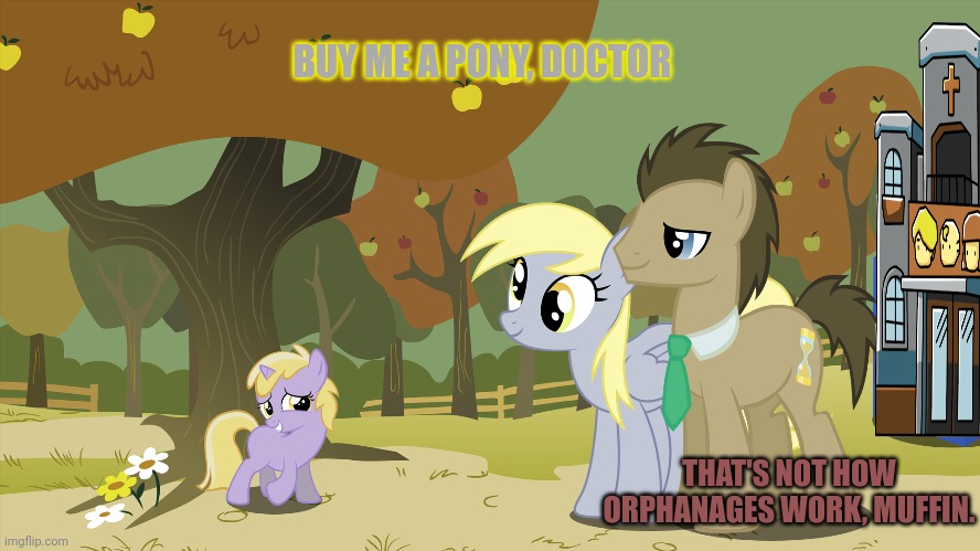 Derpy problems | BUY ME A PONY, DOCTOR; THAT'S NOT HOW ORPHANAGES WORK, MUFFIN. | image tagged in derpy hooves facts,derpy,mlp,orphanage | made w/ Imgflip meme maker