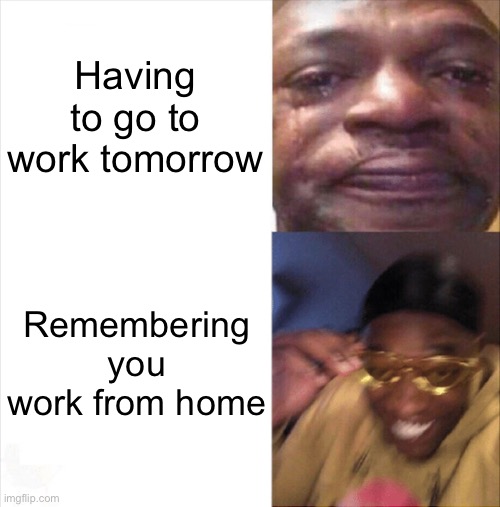 Sad Happy | Having to go to work tomorrow; Remembering you work from home | image tagged in sad happy | made w/ Imgflip meme maker