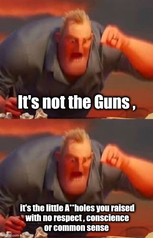 2 more Mass Shootings today | It's not the Guns , it's the little A**holes you raised
 with no respect , conscience 
or common sense | image tagged in mr incredible mad,parenting,task failed successfully,unhelpful teacher,i can do anything,well yes but actually no | made w/ Imgflip meme maker