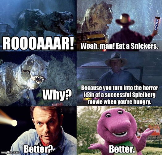 Repost | image tagged in jurassic park,t-rex,rexy,repost,barney | made w/ Imgflip meme maker