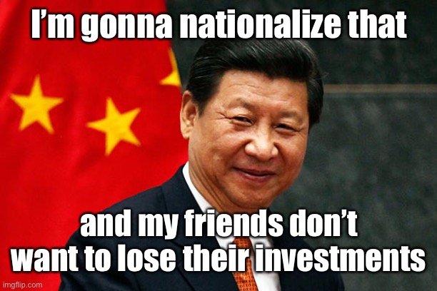 Xi Jinping | I’m gonna nationalize that and my friends don’t want to lose their investments | image tagged in xi jinping | made w/ Imgflip meme maker