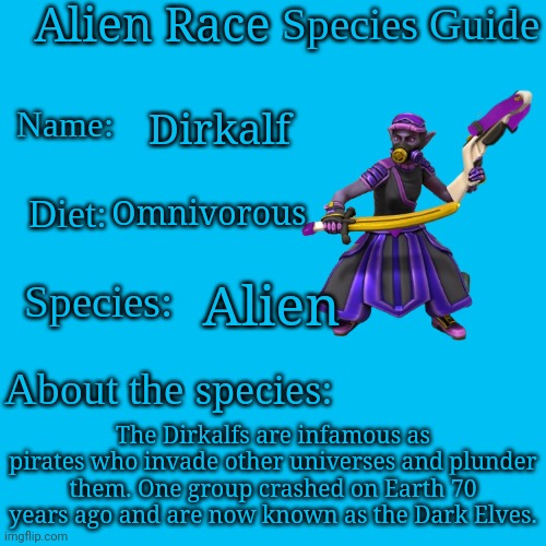 Future Animal Species Guide | Alien Race; Dirkalf; Omnivorous; Alien; species:; The Dirkalfs are infamous as pirates who invade other universes and plunder them. One group crashed on Earth 70 years ago and are now known as the Dark Elves. | image tagged in future animal species guide | made w/ Imgflip meme maker