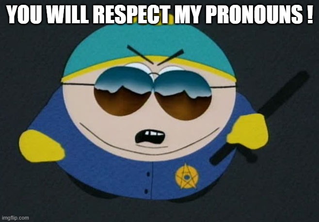 Respect My Authority Eric Cartman South Park | YOU WILL RESPECT MY PRONOUNS ! | image tagged in respect my authority eric cartman south park | made w/ Imgflip meme maker