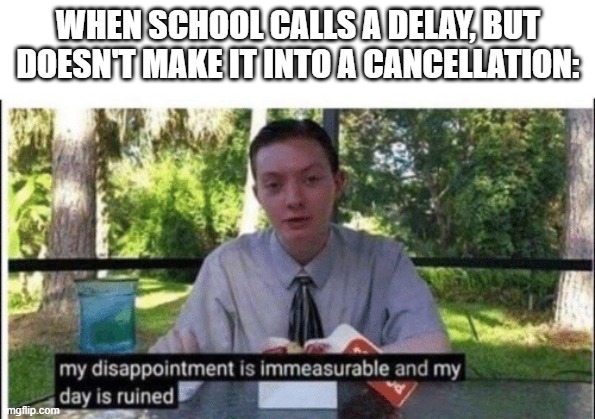 School | WHEN SCHOOL CALLS A DELAY, BUT DOESN'T MAKE IT INTO A CANCELLATION: | image tagged in my dissapointment is immeasurable and my day is ruined,school,snow day,disappointment,disappointed,oh no | made w/ Imgflip meme maker