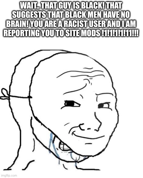 crying wojak mask | WAIT.. THAT GUY IS BLACK! THAT SUGGESTS THAT BLACK MEN HAVE NO BRAIN! YOU ARE A RACIST USER AND I AM REPORTING YOU TO SITE MODS !1!1!1!1!11! | image tagged in crying wojak mask | made w/ Imgflip meme maker