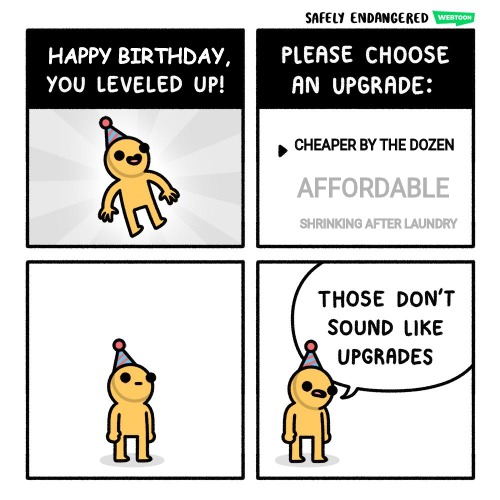 Birthday Upgrades | CHEAPER BY THE DOZEN; AFFORDABLE; SHRINKING AFTER LAUNDRY | image tagged in birthday upgrades | made w/ Imgflip meme maker