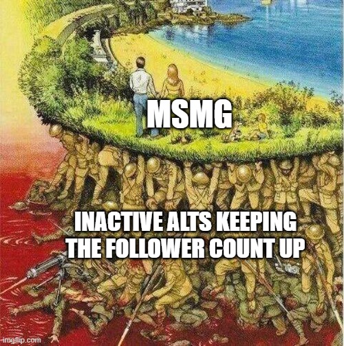 Soldiers hold up society | MSMG; INACTIVE ALTS KEEPING THE FOLLOWER COUNT UP | image tagged in soldiers hold up society | made w/ Imgflip meme maker