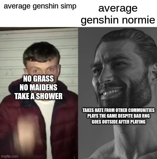 fr | average genshin normie; average genshin simp; NO GRASS
NO MAIDENS

TAKE A SHOWER; TAKES HATE FROM OTHER COMMUNITIES

PLAYS THE GAME DESPITE BAD RNG

GOES OUTSIDE AFTER PLAYING | image tagged in average fan vs average enjoyer | made w/ Imgflip meme maker