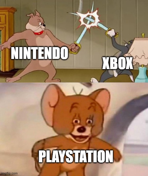 personally i like nintendo but... | NINTENDO XBOX PLAYSTATION | image tagged in tom and jerry swordfight | made w/ Imgflip meme maker