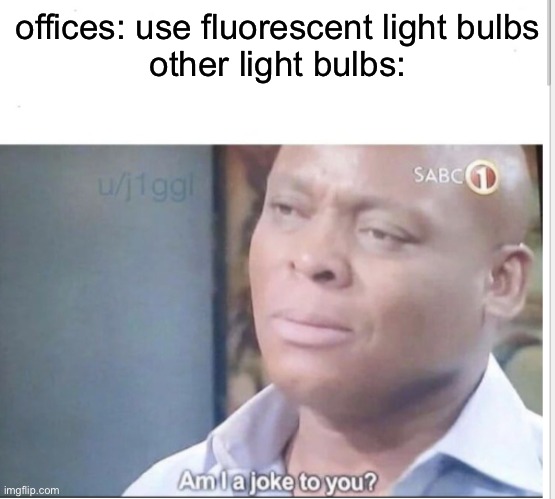 why do offices use fluorescent light bulbs? | offices: use fluorescent light bulbs
other light bulbs: | image tagged in am i a joke to you | made w/ Imgflip meme maker