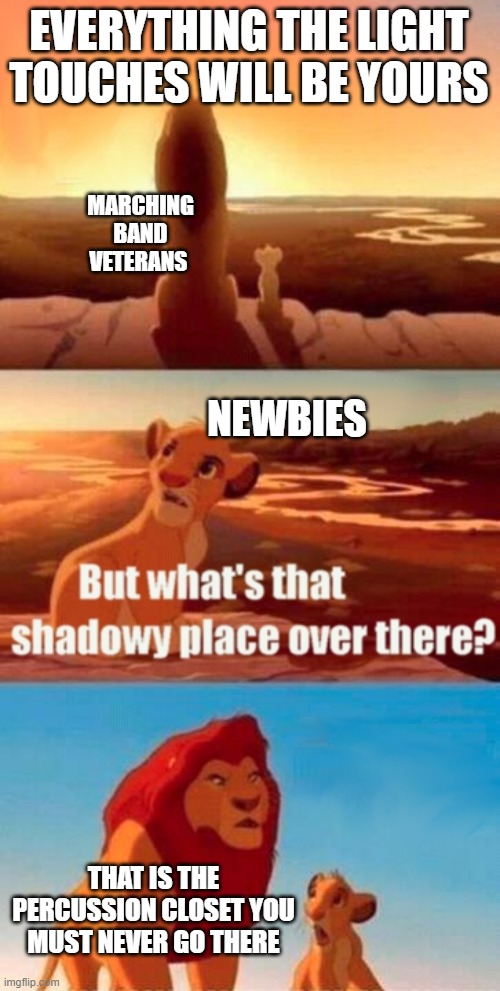 Simba Shadowy Place Meme | EVERYTHING THE LIGHT TOUCHES WILL BE YOURS; MARCHING BAND VETERANS; NEWBIES; THAT IS THE PERCUSSION CLOSET YOU MUST NEVER GO THERE | image tagged in memes,simba shadowy place | made w/ Imgflip meme maker