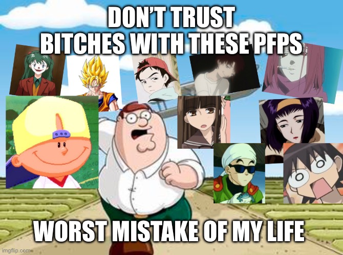 Annoying twitter people I hate | DON’T TRUST BITCHES WITH THESE PFPS; WORST MISTAKE OF MY LIFE | image tagged in twitter,pfp,icon,anime,goku,backyard sports | made w/ Imgflip meme maker