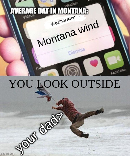 No more Ohio people, lets make it Montana | AVERAGE DAY IN MONTANA:; Weather Alert; Montana wind; YOU LOOK OUTSIDE; your dad> | image tagged in memes,presidential alert,windy | made w/ Imgflip meme maker