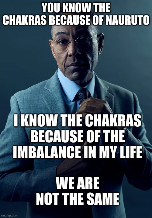 :/ | YOU KNOW THE CHAKRAS BECAUSE OF NAURUTO; I KNOW THE CHAKRAS BECAUSE OF THE IMBALANCE IN MY LIFE; WE ARE NOT THE SAME | image tagged in we are not the same,chakras,imbalince | made w/ Imgflip meme maker
