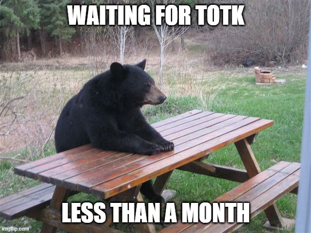 totk | WAITING FOR TOTK; LESS THAN A MONTH | image tagged in patient bear | made w/ Imgflip meme maker