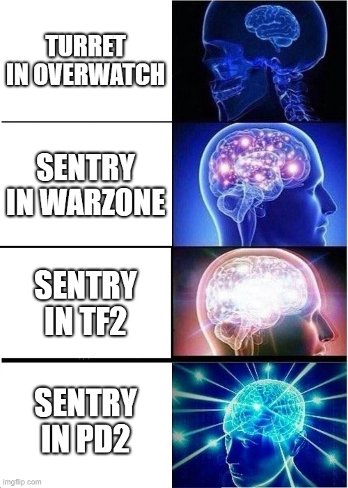 Expanding Brain Meme | TURRET IN OVERWATCH; SENTRY IN WARZONE; SENTRY IN TF2; SENTRY IN PD2 | image tagged in memes,expanding brain,overwatch,tf2,warzone,payday 2 | made w/ Imgflip meme maker