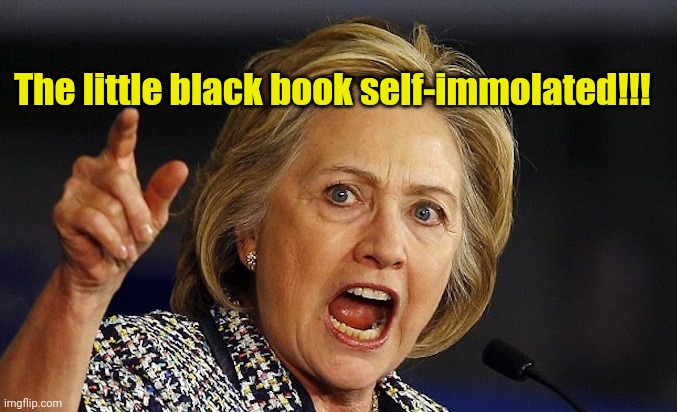 Hillary Clinton angry | The little black book self-immolated!!! | image tagged in hillary clinton angry | made w/ Imgflip meme maker