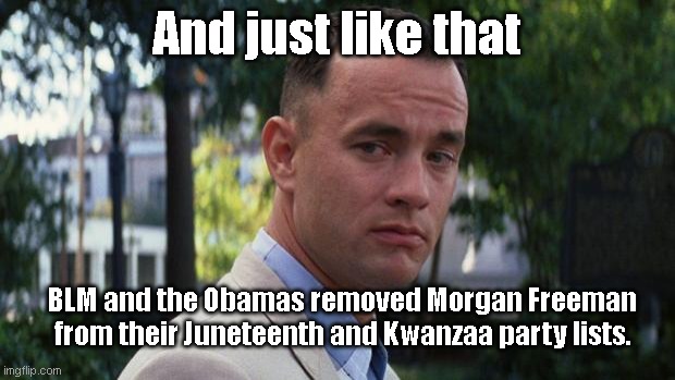 Morgan Freeman says Black History Month and the word "African American" are insults | And just like that; BLM and the Obamas removed Morgan Freeman from their Juneteenth and Kwanzaa party lists. | image tagged in forrest gump,morgan freeman,the truth hurts,racist things liberals do,political humor | made w/ Imgflip meme maker