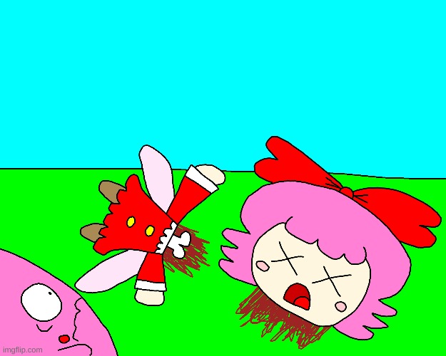 Ribbon dies for an unknown cause | image tagged in kirby,gore,blood,funny,fanart,cute | made w/ Imgflip meme maker
