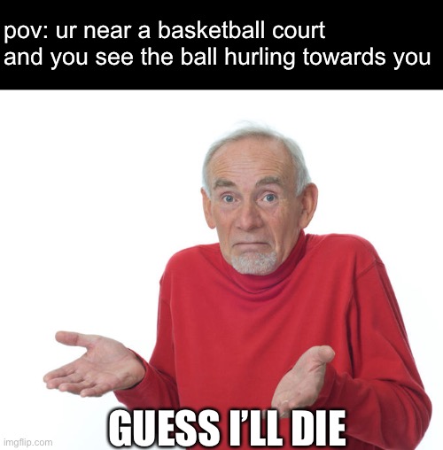 +100 Points | pov: ur near a basketball court and you see the ball hurling towards you; GUESS I’LL DIE | image tagged in guess i ll die,basketball meme,pain,concussion,funny | made w/ Imgflip meme maker