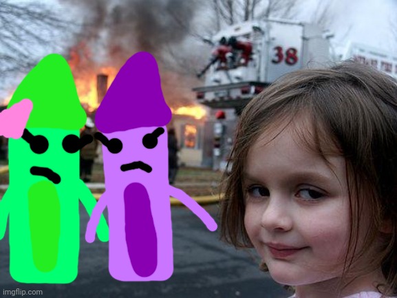 Charlie and the Colors Green & Purple | image tagged in memes,disaster girl,green,purple,charlie and the colors | made w/ Imgflip meme maker