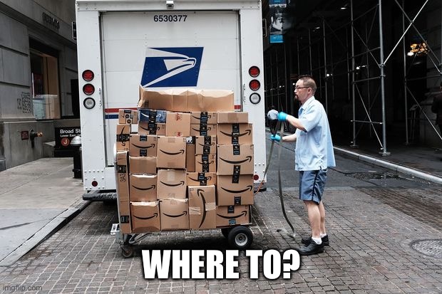 postal package delivery | WHERE TO? | image tagged in postal package delivery | made w/ Imgflip meme maker