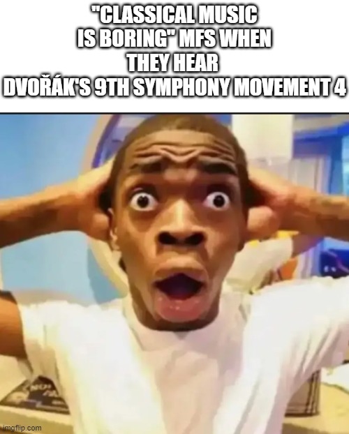 like come on bro | "CLASSICAL MUSIC IS BORING" MFS WHEN THEY HEAR 
DVOŘÁK'S 9TH SYMPHONY MOVEMENT 4 | image tagged in surprised black guy,memes,music,classical music | made w/ Imgflip meme maker