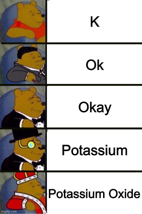 Okay | K; Ok; Okay; Potassium; Potassium Oxide | image tagged in winnie the pooh 5 panel,okay,k | made w/ Imgflip meme maker