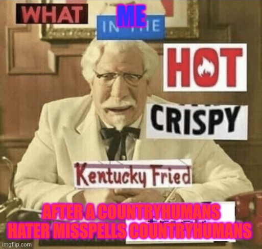 what in the hot crispy kentucky fried frick | ME; AFTER A COUNTRYHUMANS HATER MISSPELLS COUNTRYHUMANS | image tagged in what in the hot crispy kentucky fried frick | made w/ Imgflip meme maker