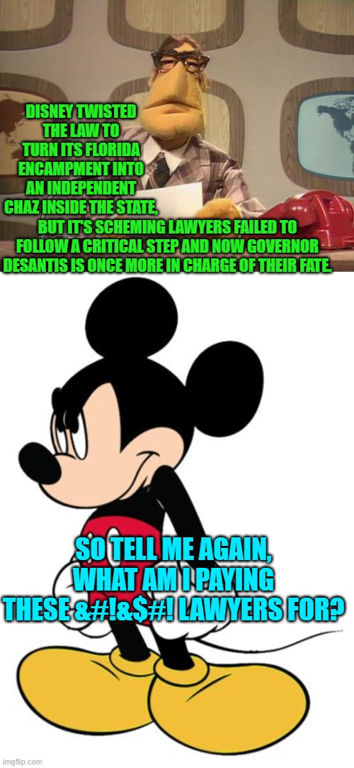 Ouch, eh? | DISNEY TWISTED THE LAW TO TURN ITS FLORIDA ENCAMPMENT INTO AN INDEPENDENT CHAZ INSIDE THE STATE, BUT IT'S SCHEMING LAWYERS FAILED TO FOLLOW A CRITICAL STEP AND NOW GOVERNOR DESANTIS IS ONCE MORE IN CHARGE OF THEIR FATE. SO TELL ME AGAIN, WHAT AM I PAYING THESE &#!&$#! LAWYERS FOR? | image tagged in muppet news | made w/ Imgflip meme maker