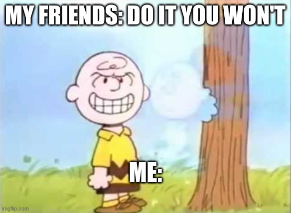 Everyone's done something stupid because they got dared before | MY FRIENDS: DO IT YOU WON'T; ME: | image tagged in charlie brown,i dare you | made w/ Imgflip meme maker