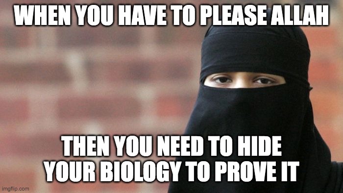 Not Funny Burka | WHEN YOU HAVE TO PLEASE ALLAH; THEN YOU NEED TO HIDE YOUR BIOLOGY TO PROVE IT | image tagged in not funny burka | made w/ Imgflip meme maker