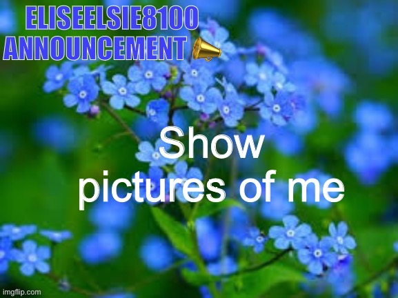 EliseElsie8100 Announcement | Show pictures of me | image tagged in eliseelsie8100 announcement | made w/ Imgflip meme maker